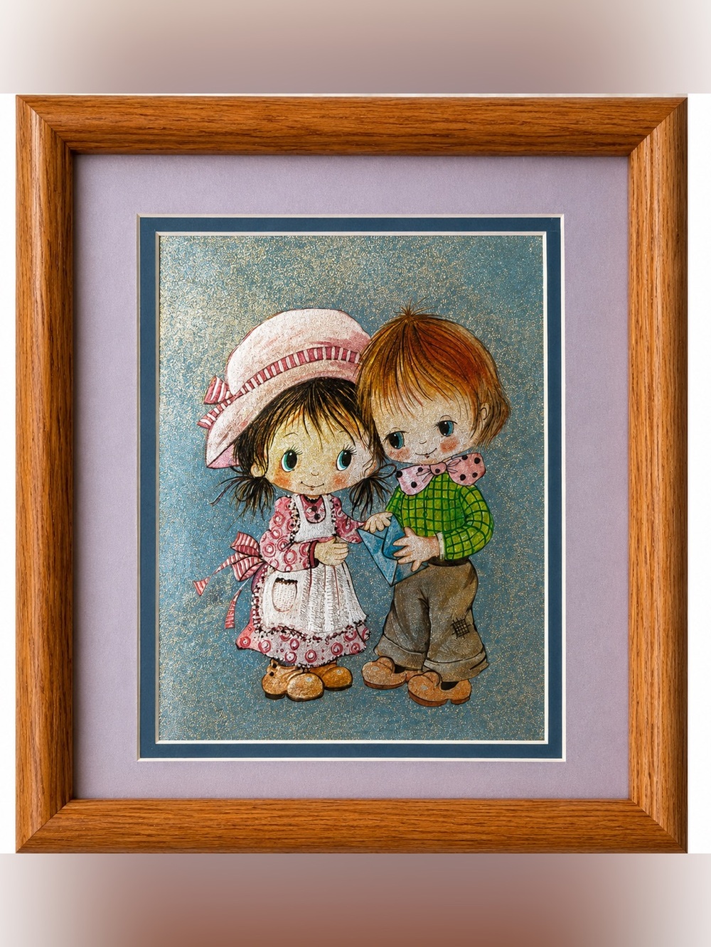 Foil Art Boy Girl Print 10x12 Framed Nursery Cottage Wall Decor Oak Frame Vtg - Picture 1 of 6